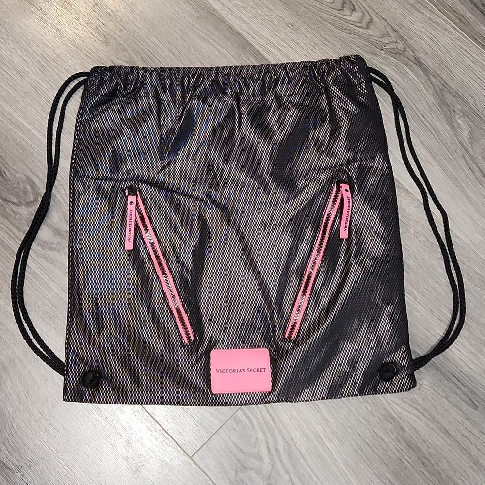 Victoria Secret Black Netted w/Pink Details Soft Drawstring Backpack - Picture 1 of 5